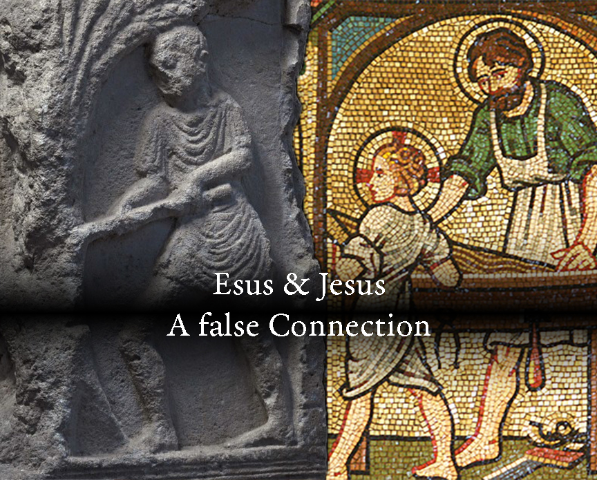 the gaulish god Esus on the trier relief on left, and a mosaic of Jesus learning carpentry from his father Joseph on the right; text: Esus & Jesus: A False Connection