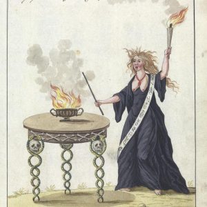 Woman in black robe, breasts bear, summoning fire on an altar of skulls