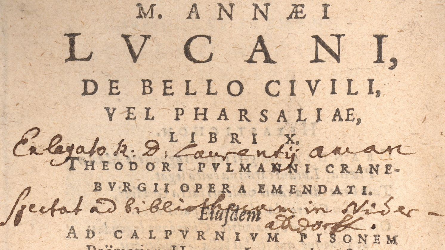 Print on yellowed parchment, title page of an old book