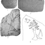 Figure 22, four carvd items; 1: memoria Amanda is carved under a tree with two anchors; 2, a bird is next ot a tree with an anchor next to it, with inscription that cannot be made out; 3 is an anchor, a tree, and a bird; 4 is a line drawing of a bird landing in a tree, with an anchor next to it.