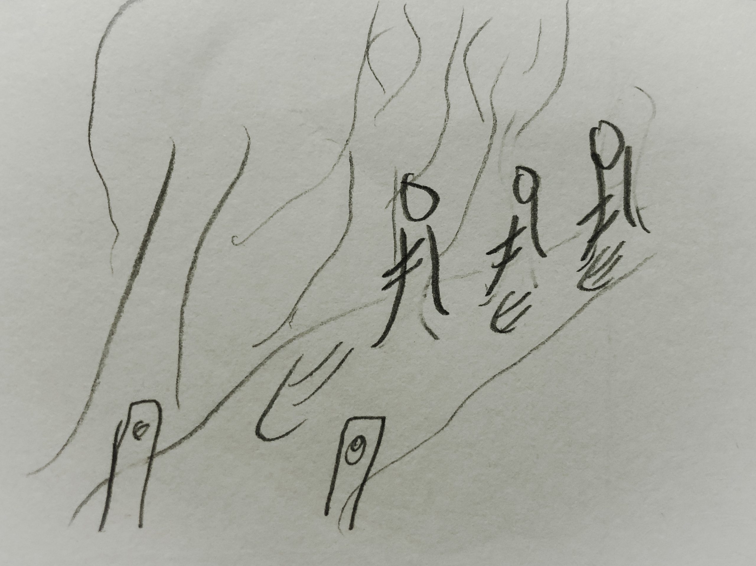 Storyboard of three people approaching and walking between two pillars on a forested path