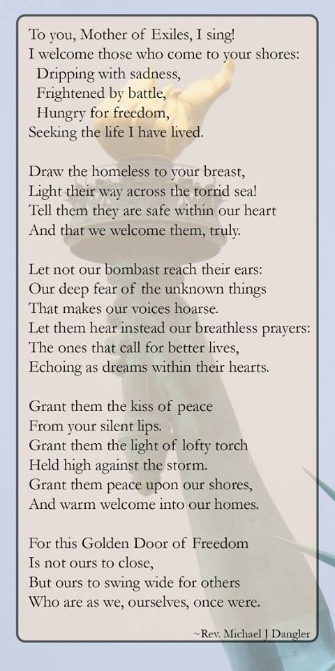 Prayer to the Mother of Exiles by Rev. Dangler, superimposed over the torch at the Statue of Liberty