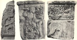 Three stone reliefs of the Gaulish god Esus and Tarvos Trigaranus: one from Trier, and two from the Nautes Pillar