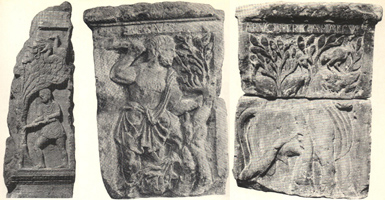 Three stone reliefs of the Gaulish god Esus and Tarvos Trigaranus: one from Trier, and two from the Nautes Pillar