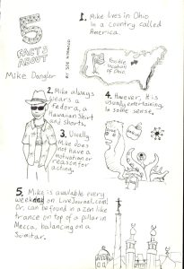 Illustrated Biography Comic of 5 facts about Mike Dangler: 1. Lives in Ohio, 2. Always wears a Fedora, 3. Usually, has no reason to act, 4. but it's entertaining when he does, 5. Mike is available every weekday on LiveJournal.com, or can be found in a zen like trance on top of a pillar in Mecca, balancing on a scimitar.