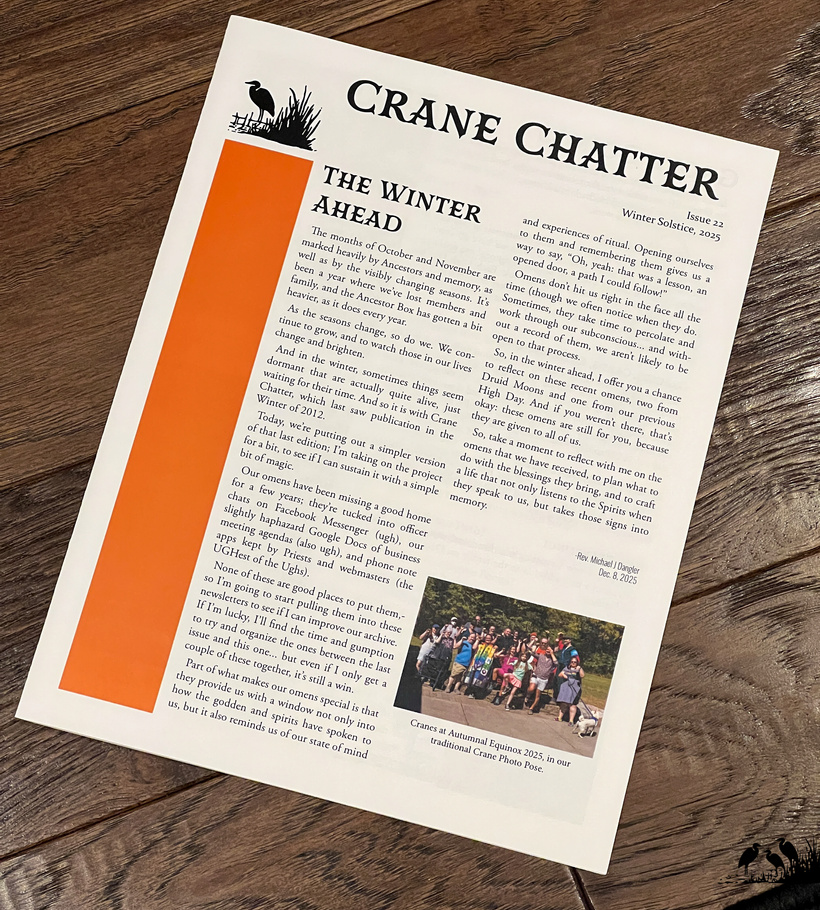 The Grove newsletter, Crane Chatter, on the floor; headline, "The Winter Ahead."