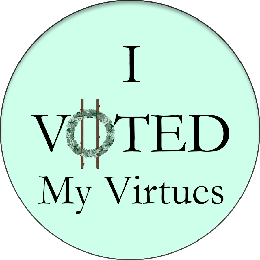 Sticker mockup, with text: "I Voted My Virtues." The "O" in "voted" is replaced with a Druid sigil