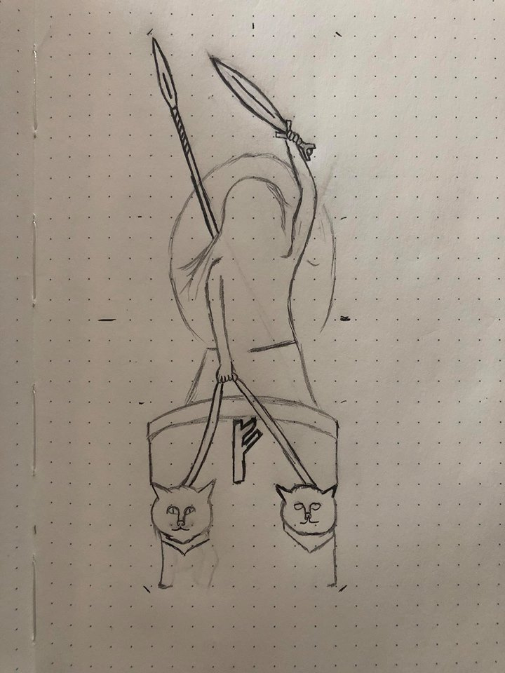 A rough outline of Freyja, incomplete, with the weapons and chariots, but not her face or most of her body done