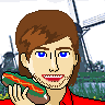 A livejournal icon created in microsoft paint of MJD holding a hotdog in front of windmills