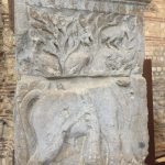 A bull behind a tree with three cranes. two on its back and one on its head