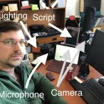 MJD selfie labeling his lighting, script, microphone, and camera locations