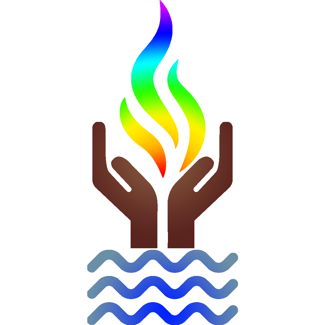 A drawing of hands rising out of waters, holding a fire between them