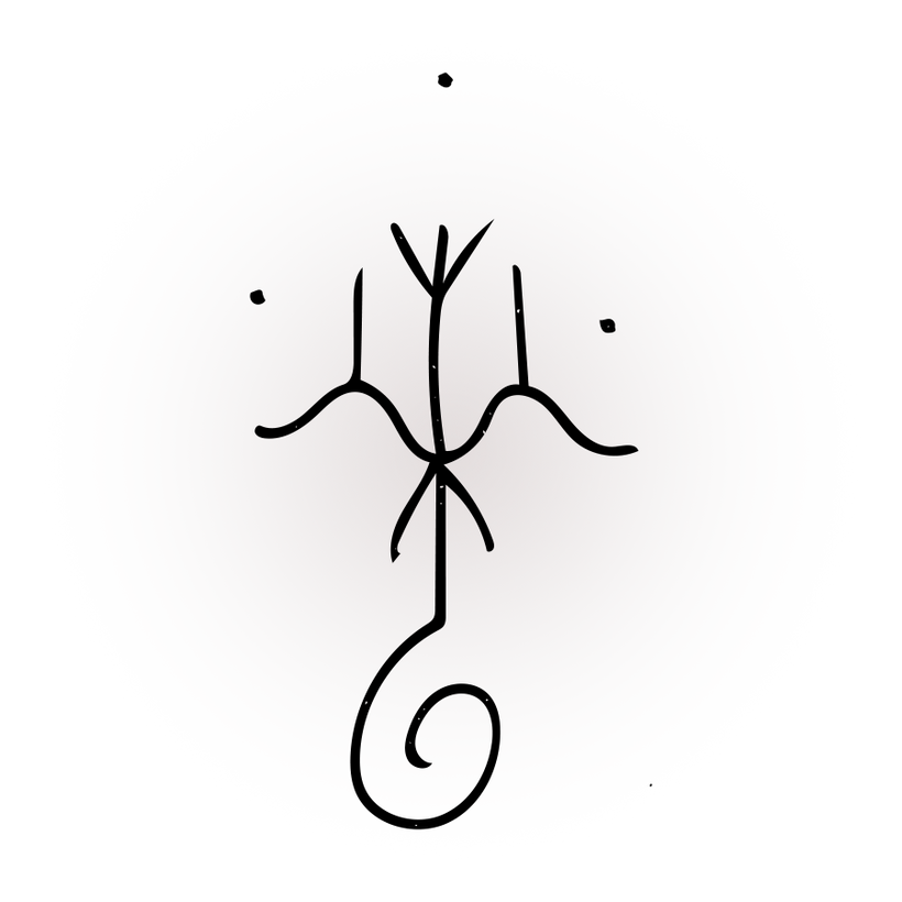 A protection sigil; a stylized branching tree growing toward the heavens with a spiraling root below