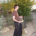 MJD in black bondage pants makes an oudweller offering